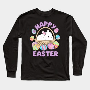 Happy easter a cute little Easter bunny in a basket surrounded by easter eggs Long Sleeve T-Shirt